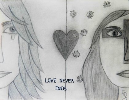 David Silberbach, Bleistiftzeichnung 'love never ends', 7.Kl.